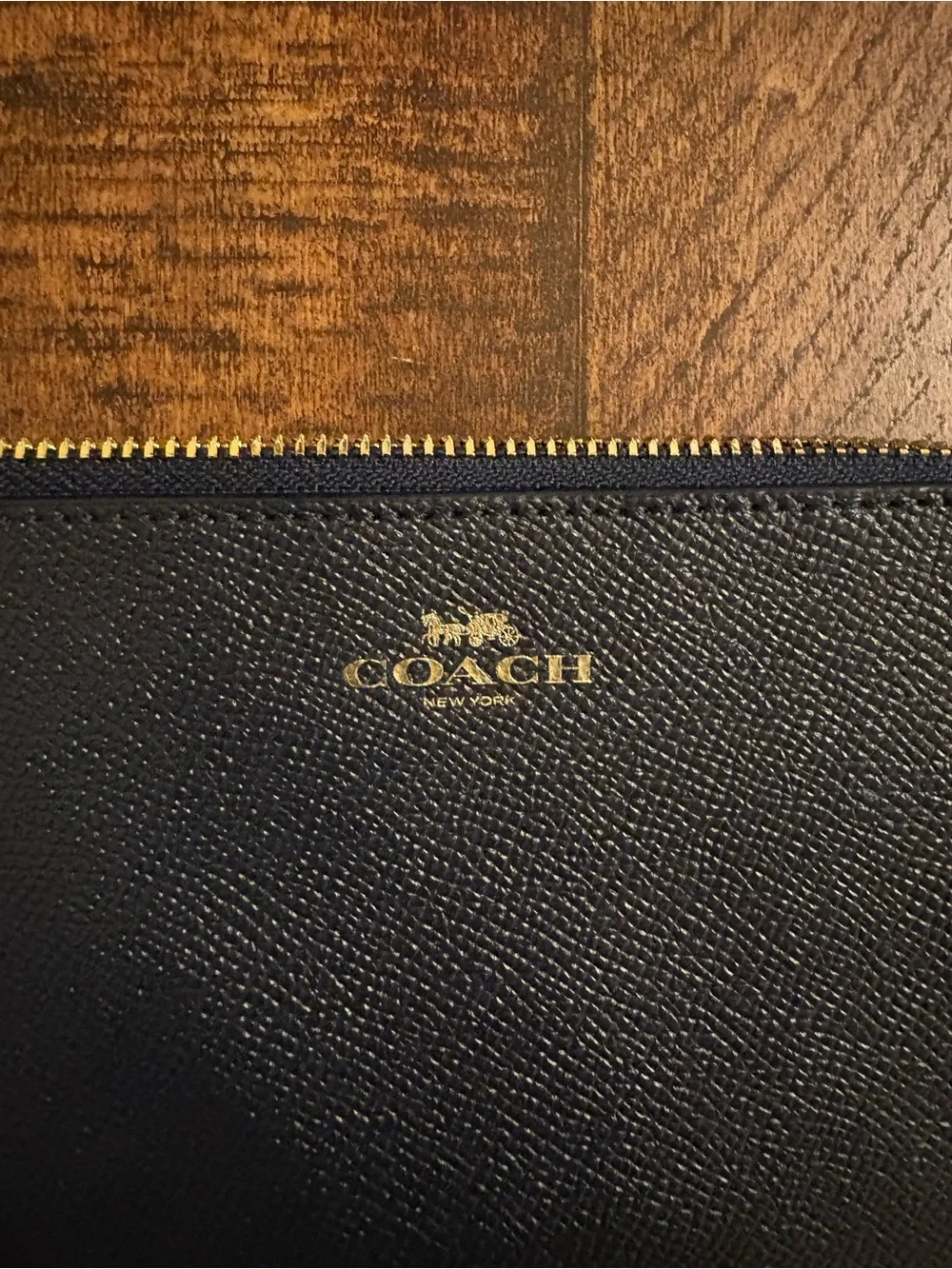 Coach Black Leather Zip Pouch with Gold Logo
